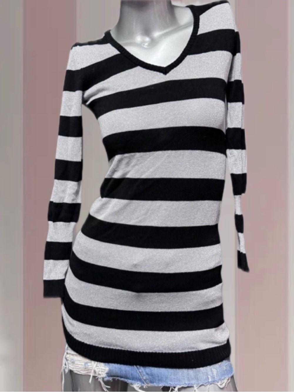 Seductions Y2K UltraFitted V-Neck Longline Striped Sweater